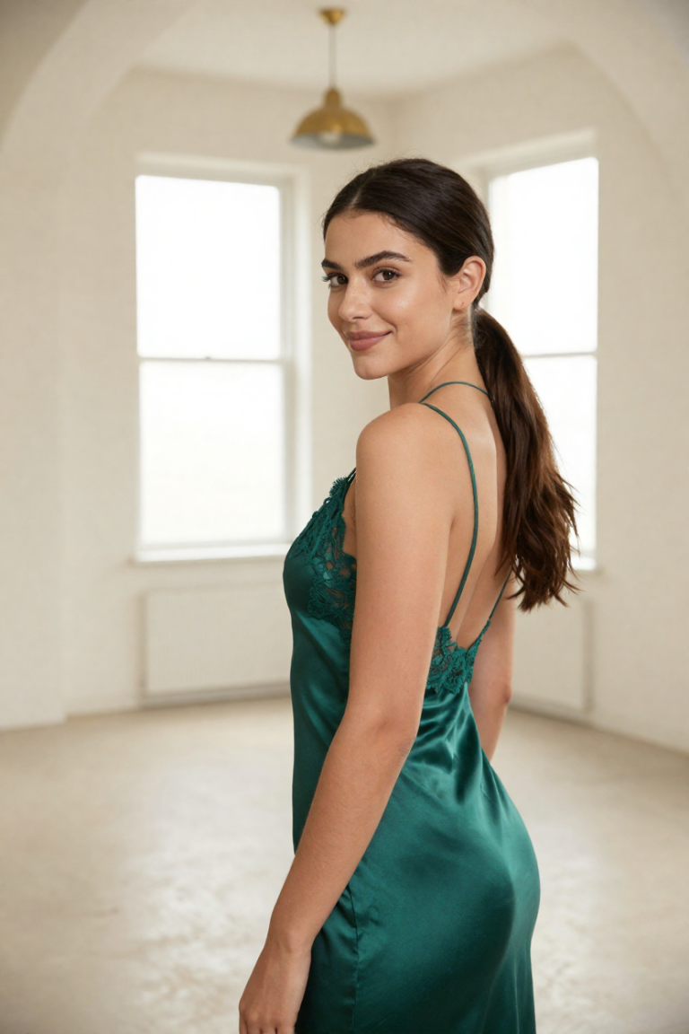 Fictional 27-year-old muse in an emerald satin slip dress in the HuarenConnect junction hall